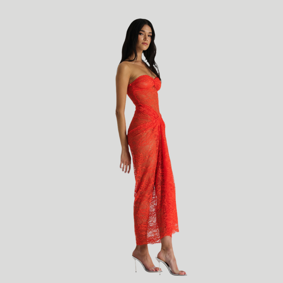 Strapless Sweetheart Sheer Lace Bodycon Maxi Dress