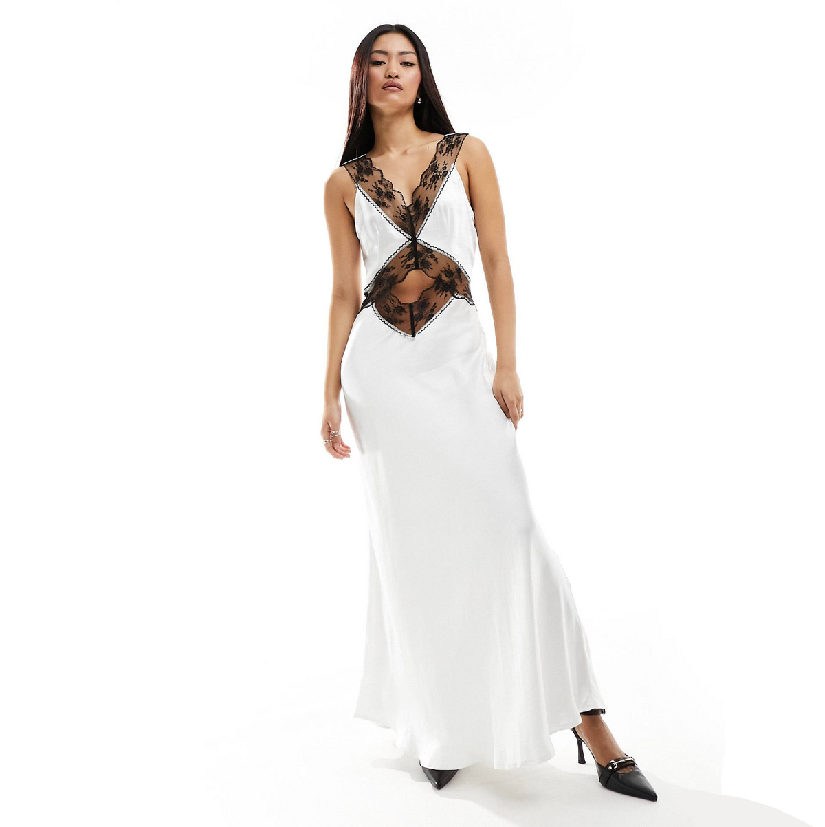 White V-Neck Contrast Lace Cutout Satin Bodycon Maxi Dress 6