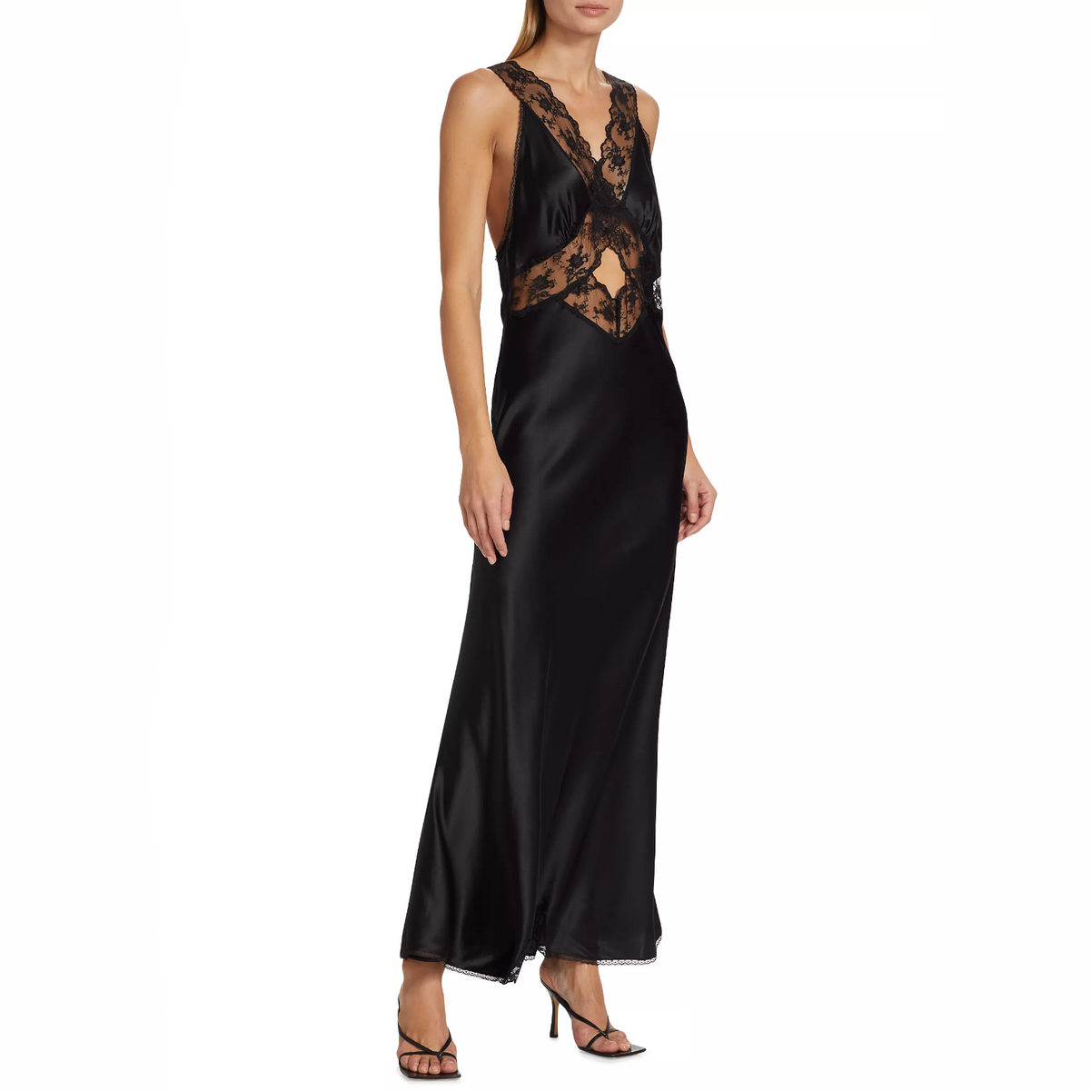 Black V-Neck Lace Satin Cutout Slip Maxi Dress