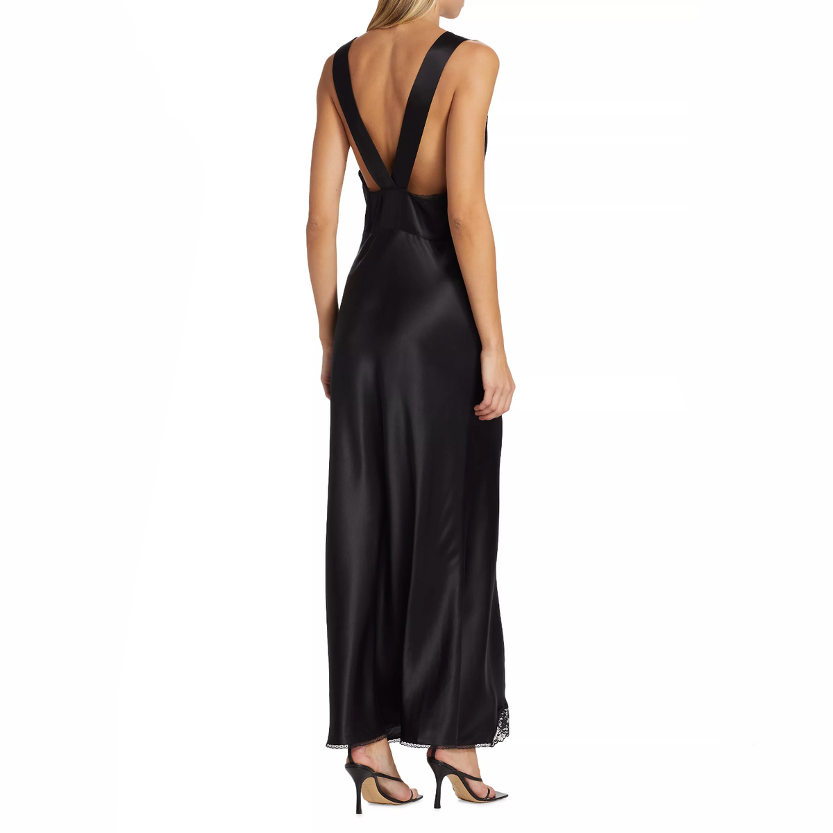 V-Neck Lace Trim Satin Cutout Slip Maxi Dress