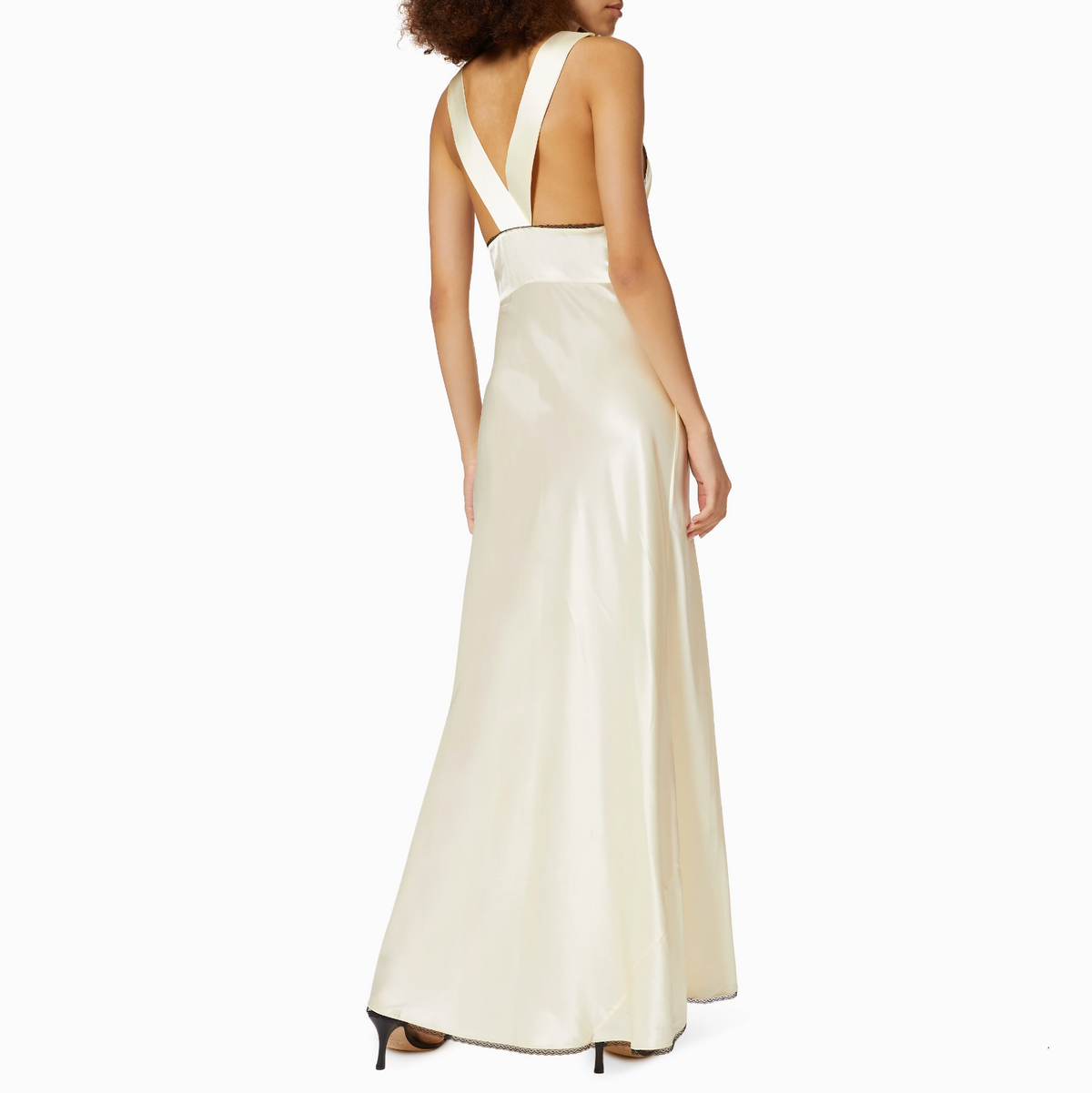V-Neck Lace Trim Satin Cutout Slip Maxi Dress