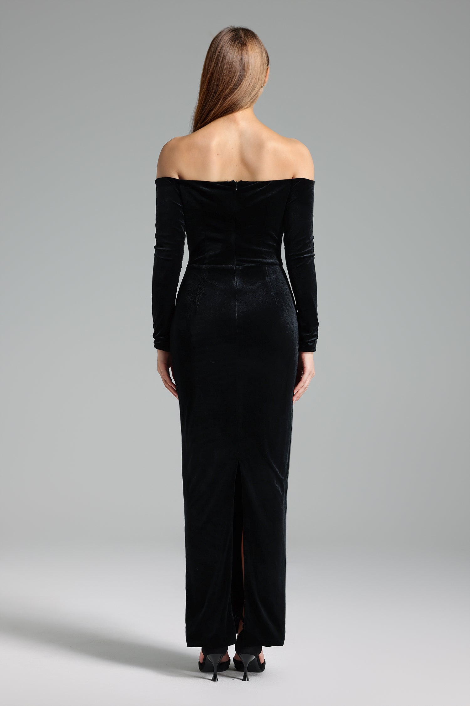 Off Shoulders Long Sleeves Flowers Velvet Maxi Dress