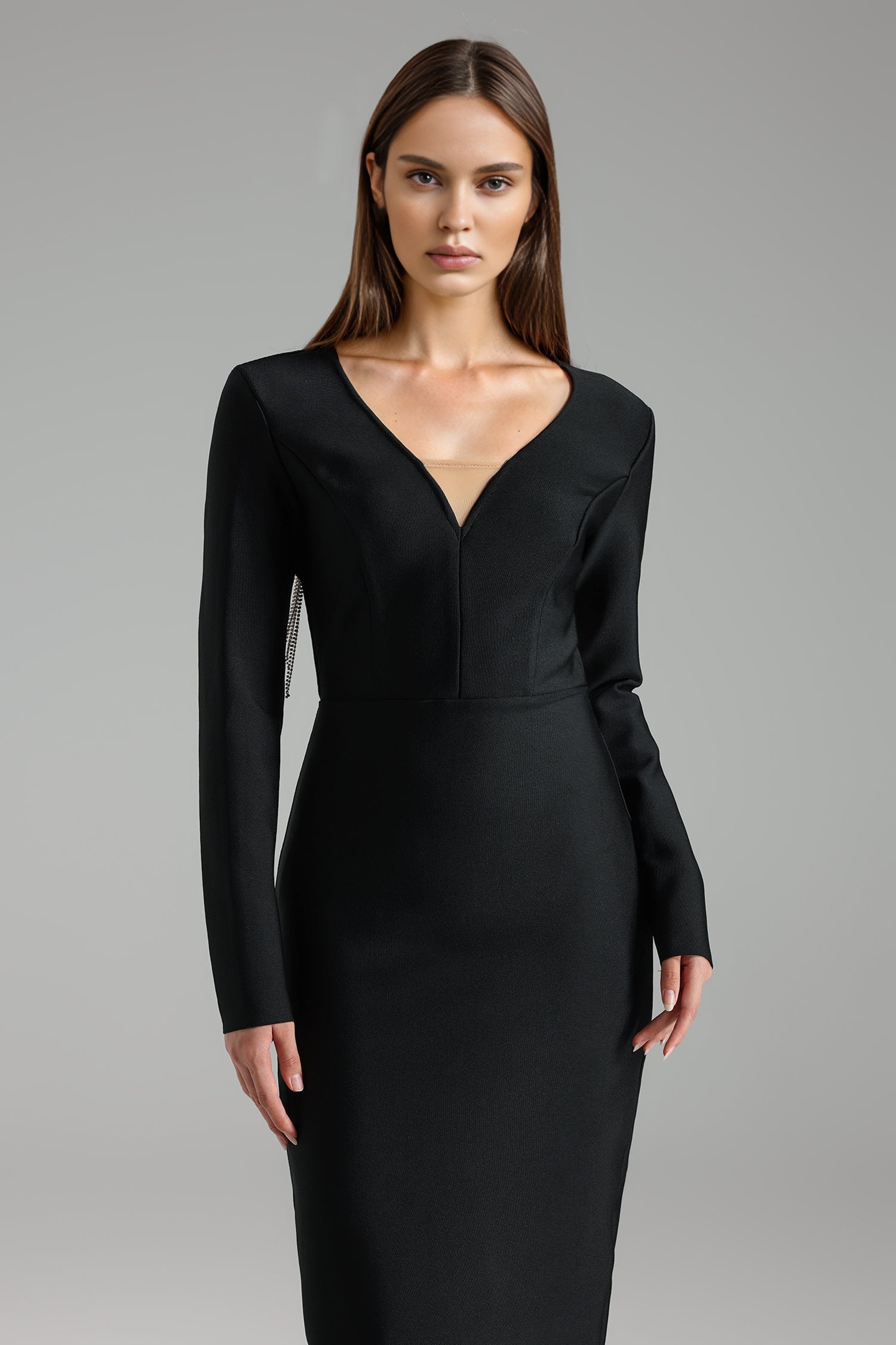 V-Neck Long Sleeve Bandage Maxi Dress