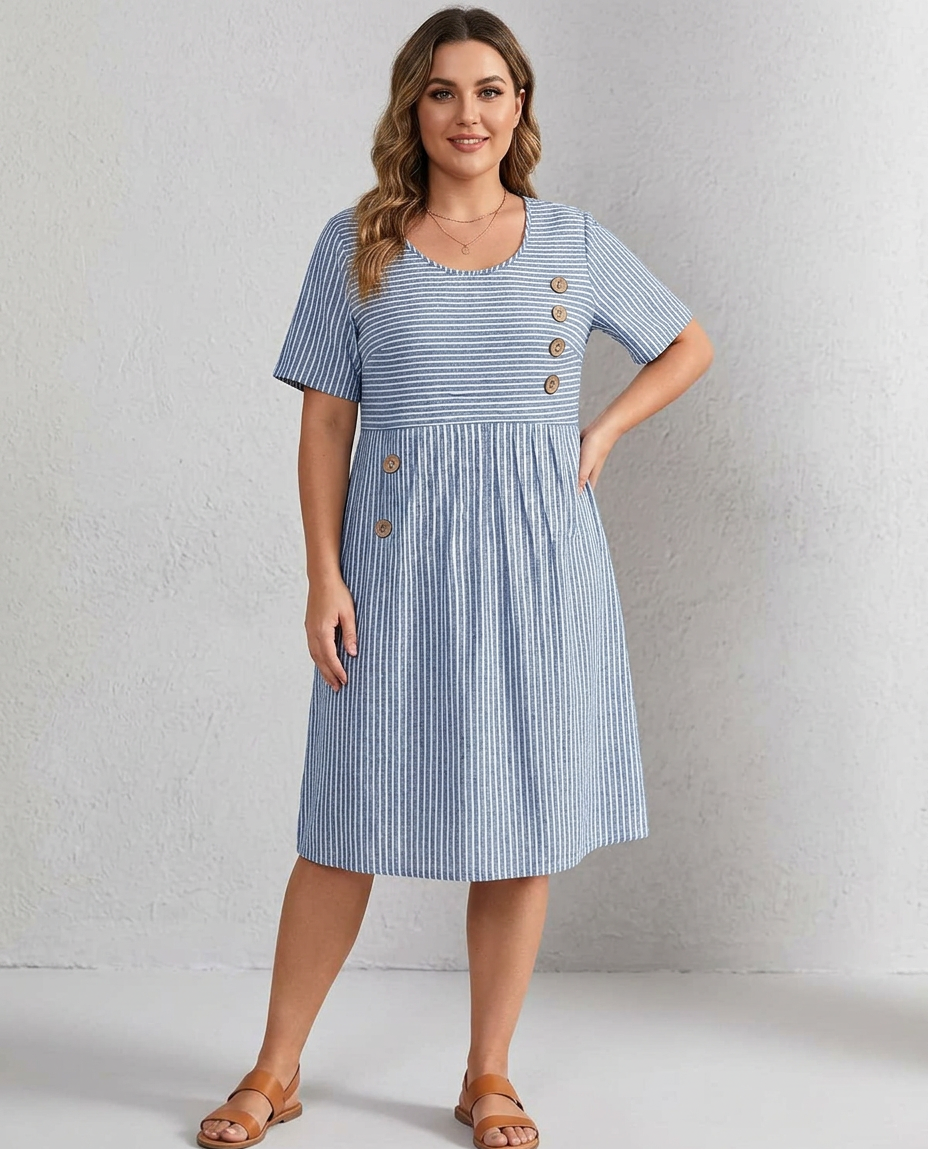 Round Neck Short Sleeve Striped Button Pocket Pleated Midi Dress 2