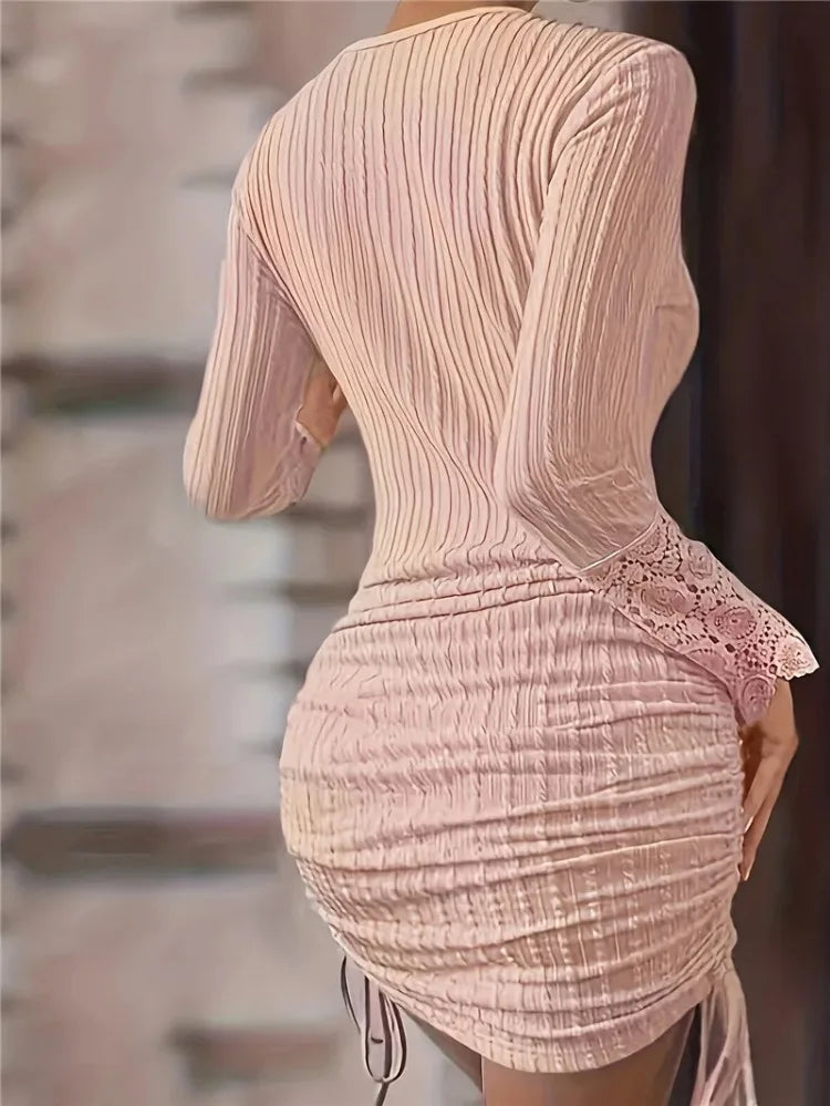 2024 Spring ONeck Hem Drawstring Office Lace Dress