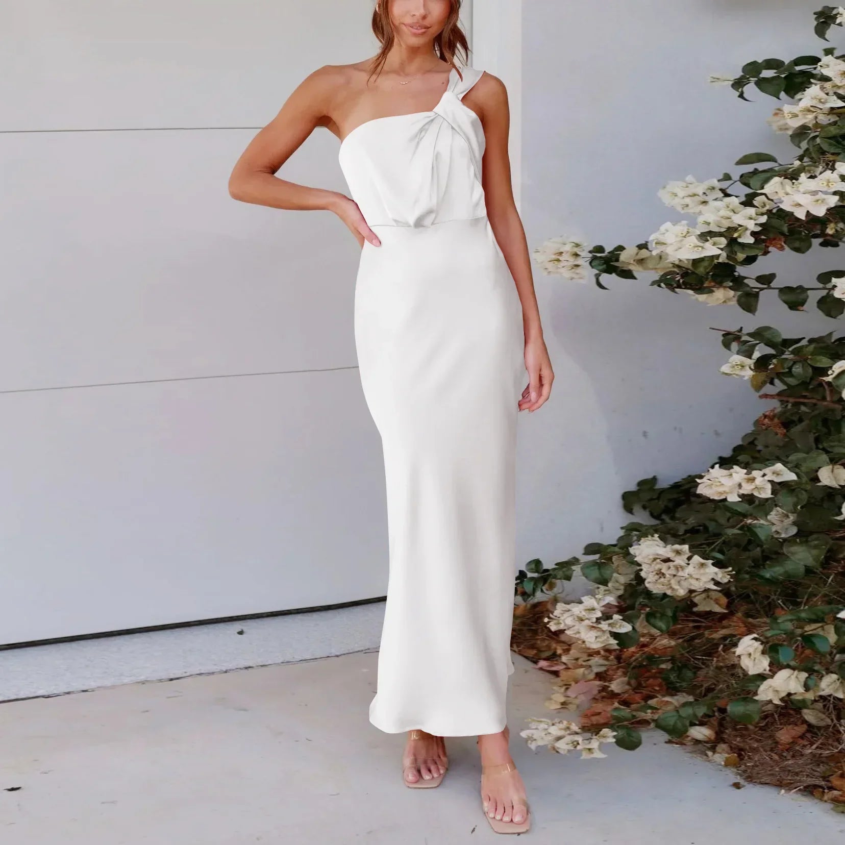 Elegant OneShoulder Satin French Slim Ladies Midi Dresses