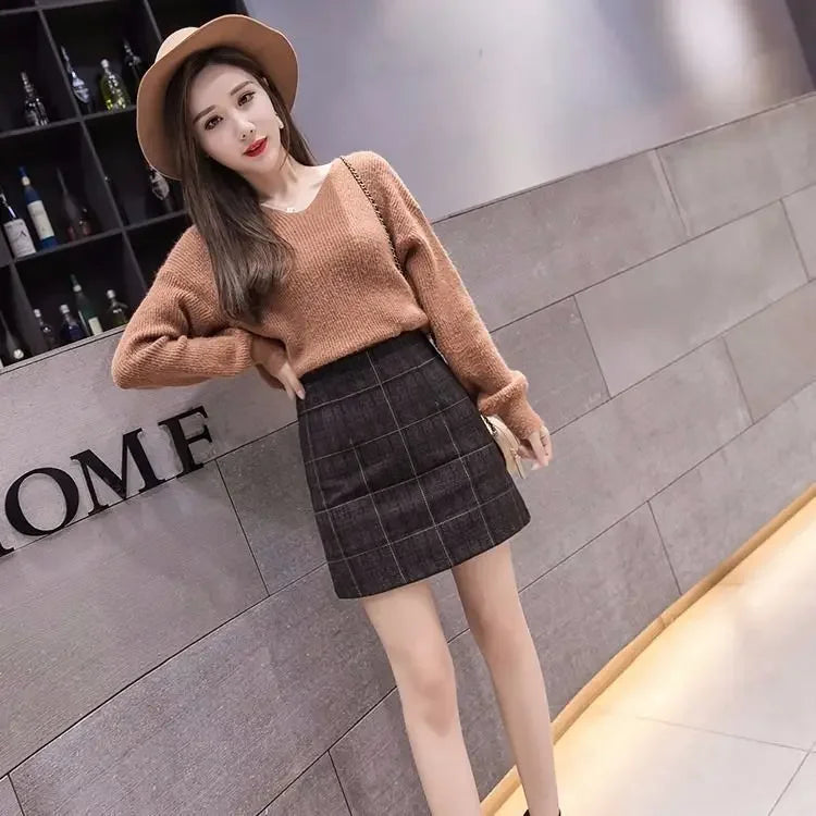 Korean Sexy High Waist Slim Plaid Wool Astep Mini Skirt
