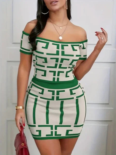 Sexy Geometric Print Twopiece Off Shoulder Top Slim Skirt