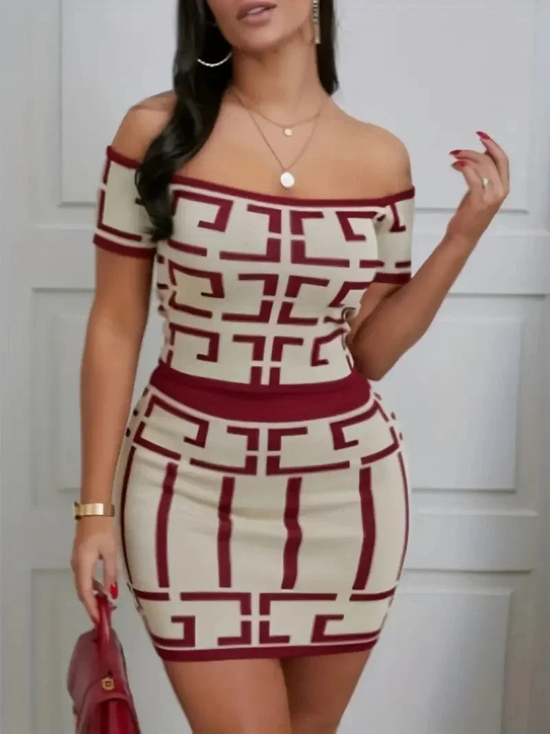 Sexy Geometric Print Twopiece Off Shoulder Top Slim Skirt