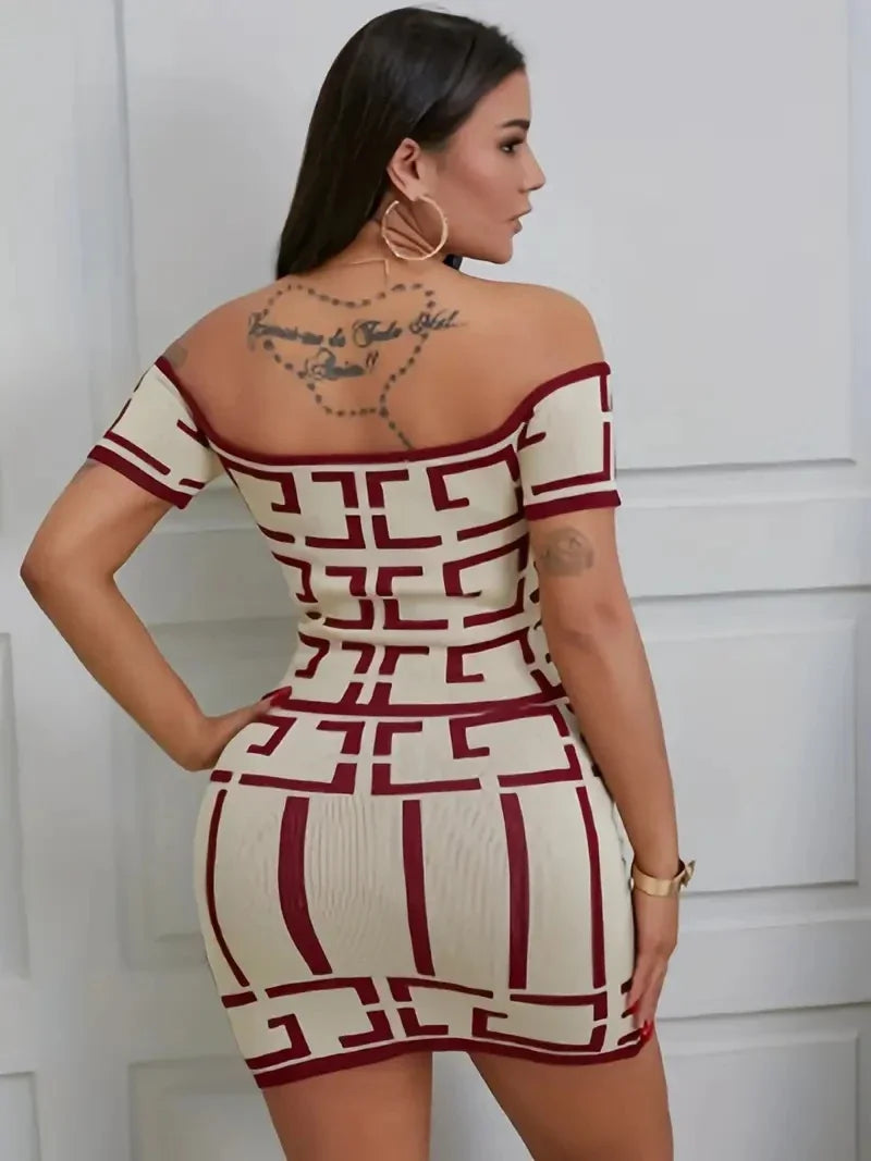 Sexy Geometric Print Twopiece Off Shoulder Top Slim Skirt