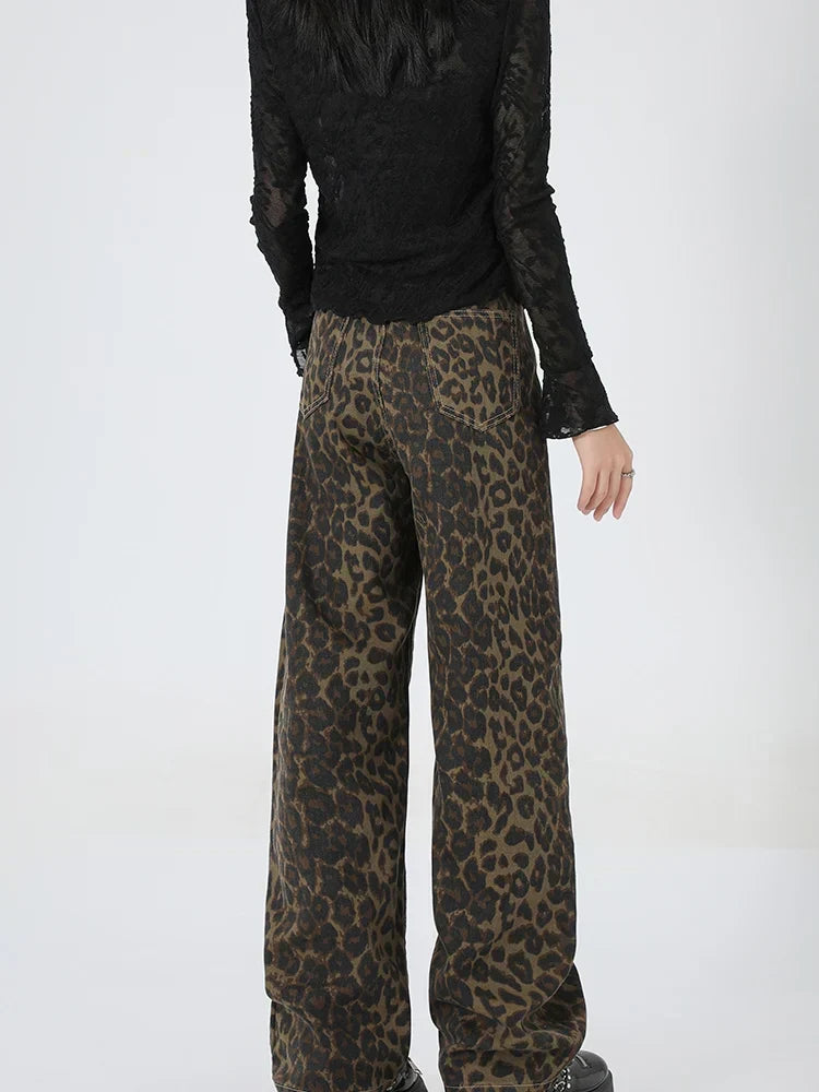 2024 New Leopard Print Wide Leg Women High Waisted Fashion Streetwear Retro Y2K Denim Baggy Casual