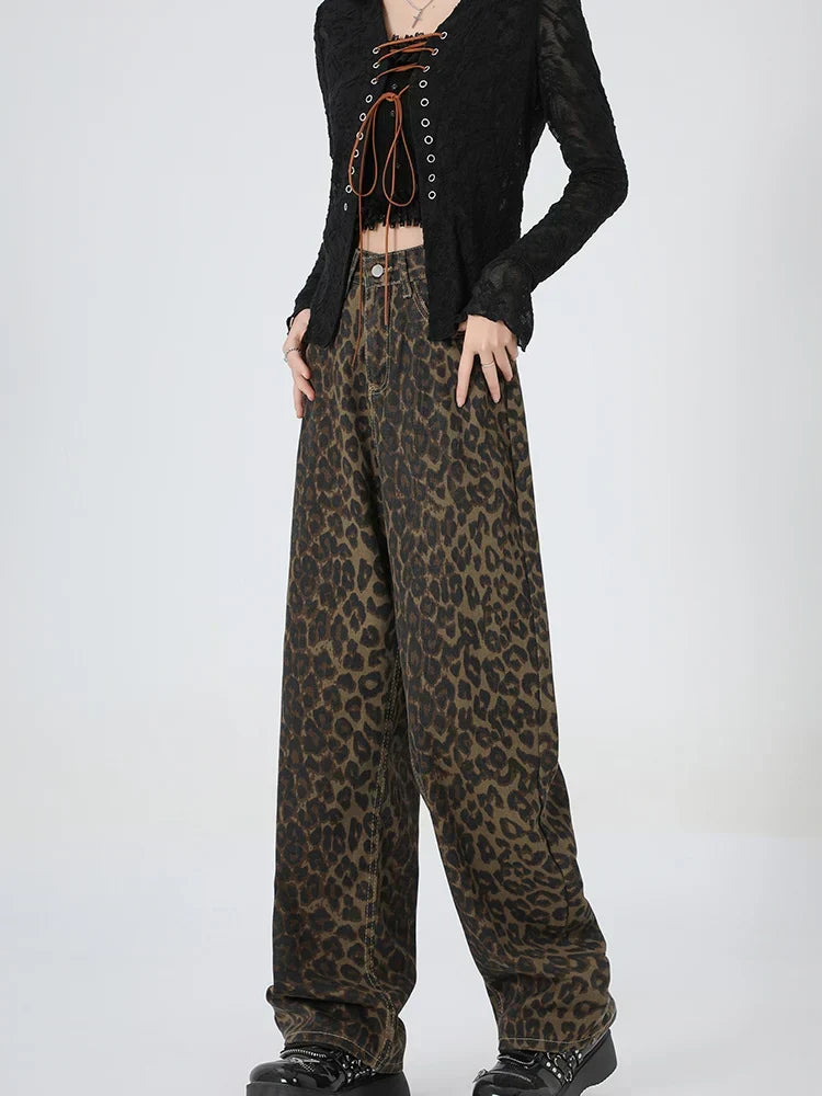 New Leopard Print Wide Leg Women High Waisted Fashion Streetwear Retro Y2K Denim Baggy Casual Straight Jean