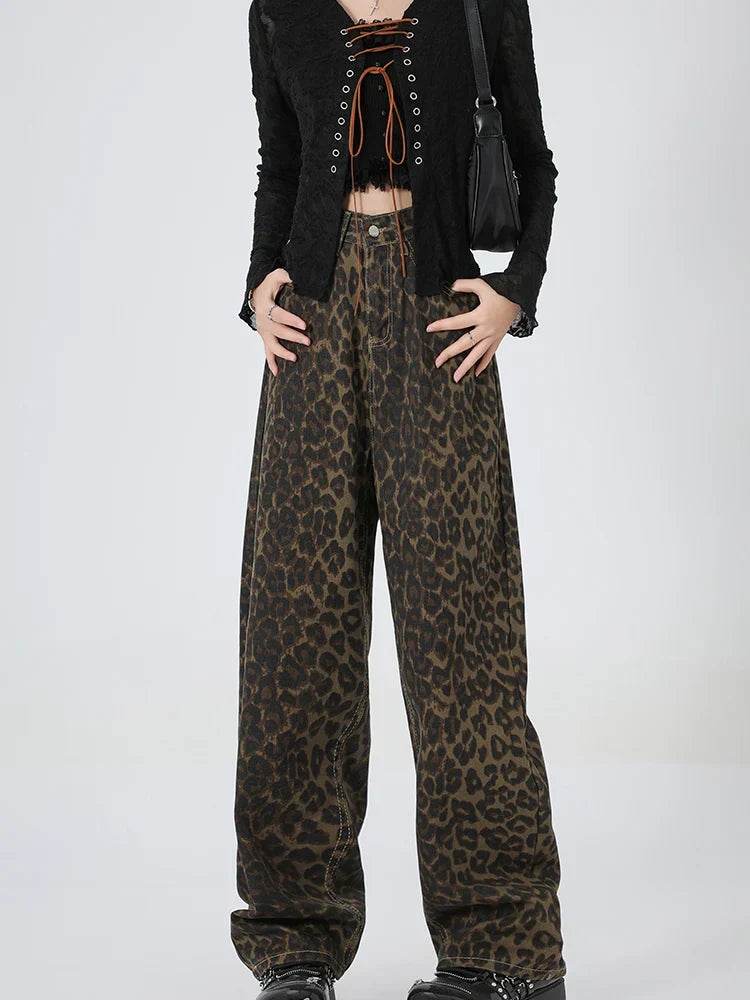 New Leopard Print Wide Leg Women High Waisted Fashion Streetwear Retro Y2K Denim Baggy Casual Straight Jean