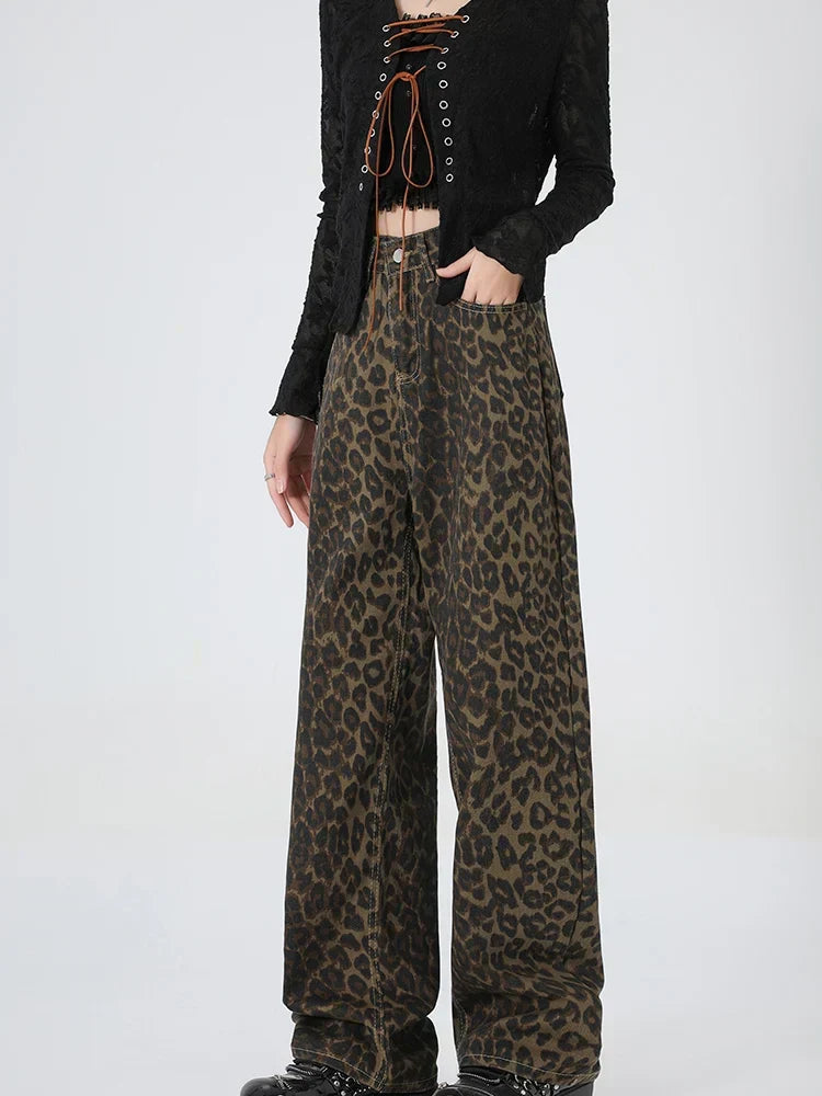 New Leopard Print Wide Leg Women High Waisted Fashion Streetwear Retro Y2K Denim Baggy Casual Straight Jean