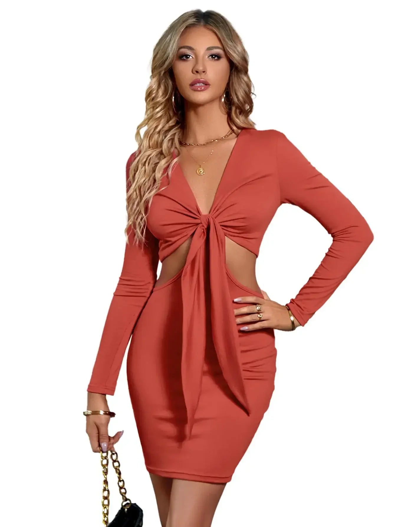 Mid Waist Split VNeck Elastic Outfits Solid Midi Dresses
