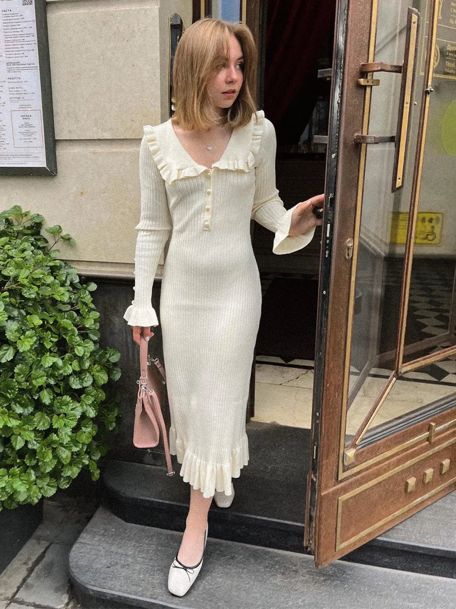 Ruffled Longsleeved Vintage Highwaisted French Creamy White Midi Dresses