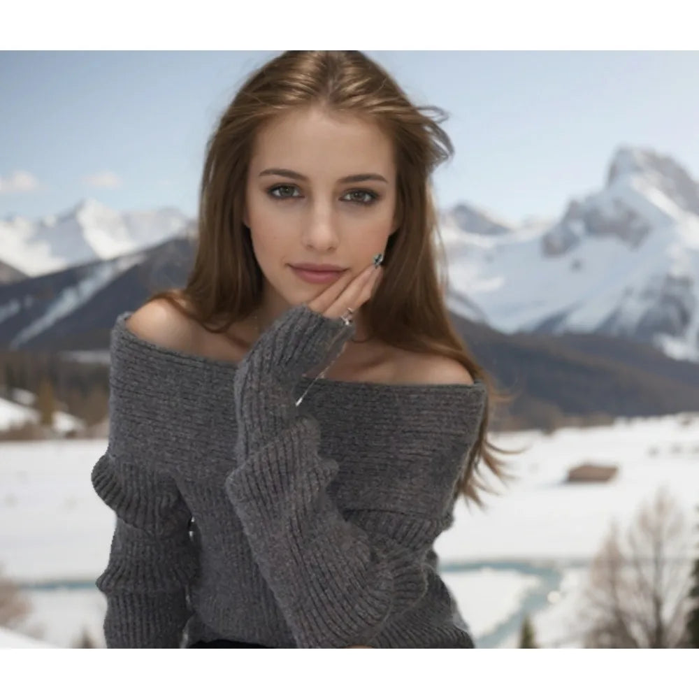 Sexy White Flatneck Feminine Collarbone Offshoulder Slimming Sweater