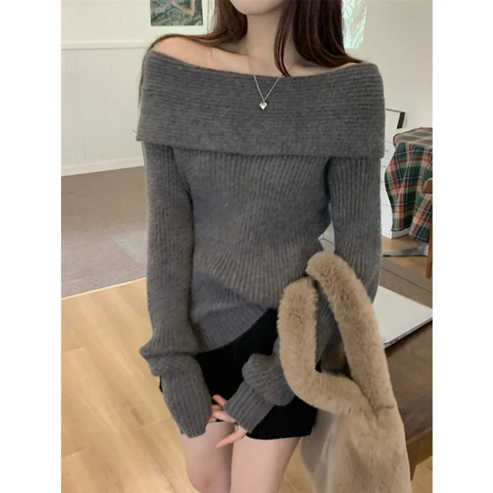 Sexy White Flatneck Feminine Collarbone Offshoulder Slimming Sweater