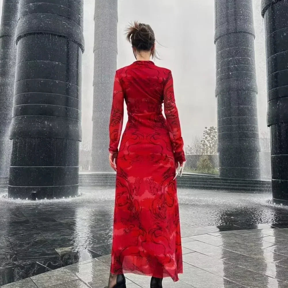 Versatile Limited Printed Screen Dress Women's Fashion Style Year Loong Party Dress