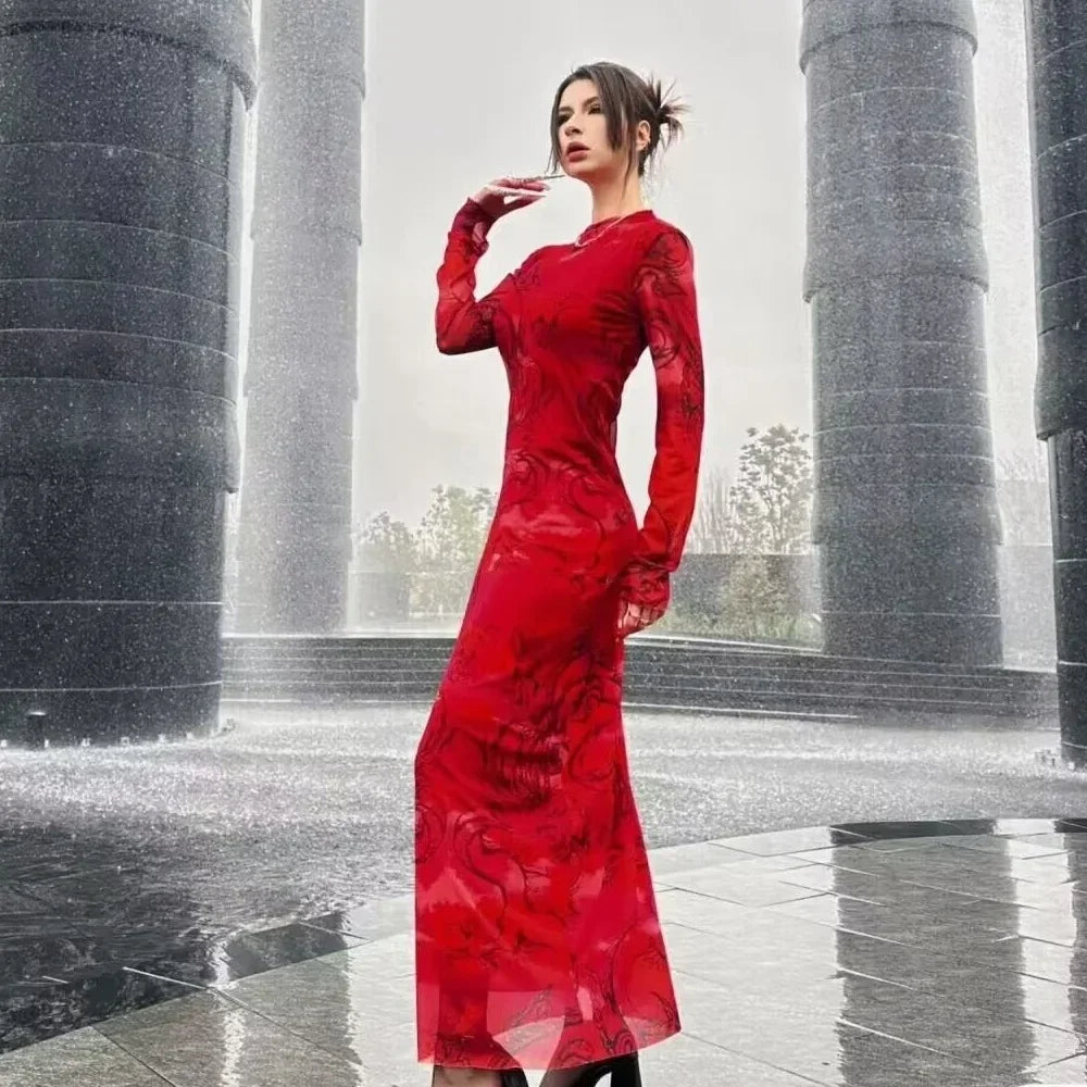 Versatile Limited Printed Screen Dress Women's Fashion Style Year Loong Party Dress