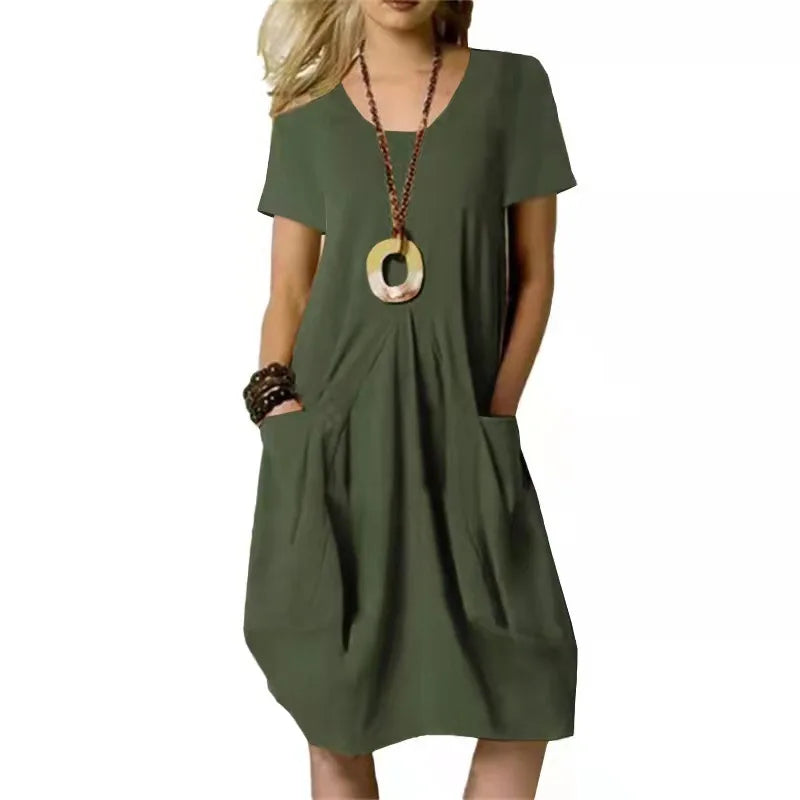 Roundneck Hot Solid Loose Pocket Design Women Midi Dresses