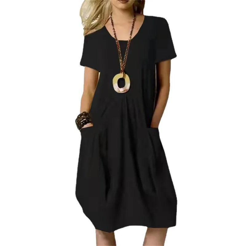 Roundneck Hot Solid Loose Pocket Design Women Midi Dresses