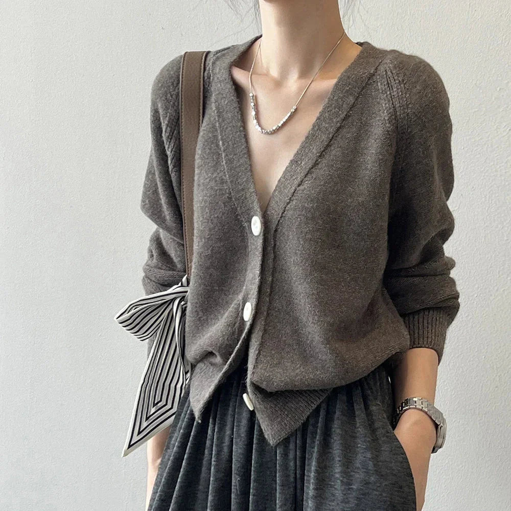V-Neck Single Button Knitted Green Cape Clothes Autumn Women Sweater