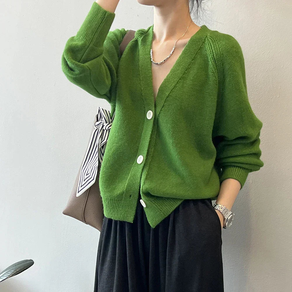 V-Neck Single Button Knitted Green Cape Clothes Autumn Women Sweater