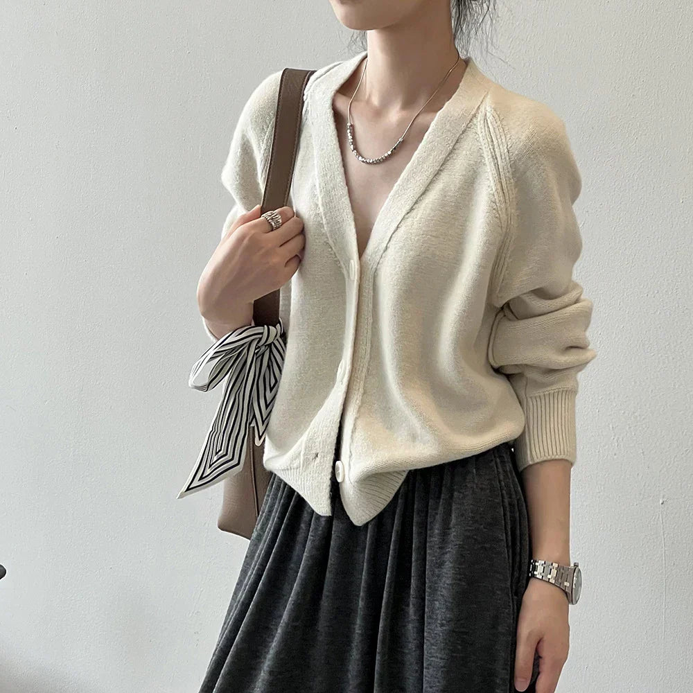 V-Neck Single Button Knitted Green Cape Clothes Autumn Women Sweater