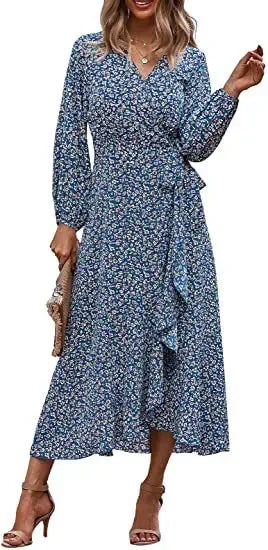 Floral Print Elegant Casual VNeck Sun Midi Dresses