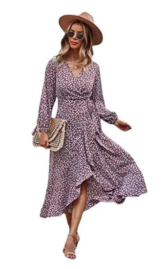 Floral Print Elegant Casual VNeck Sun Midi Dresses