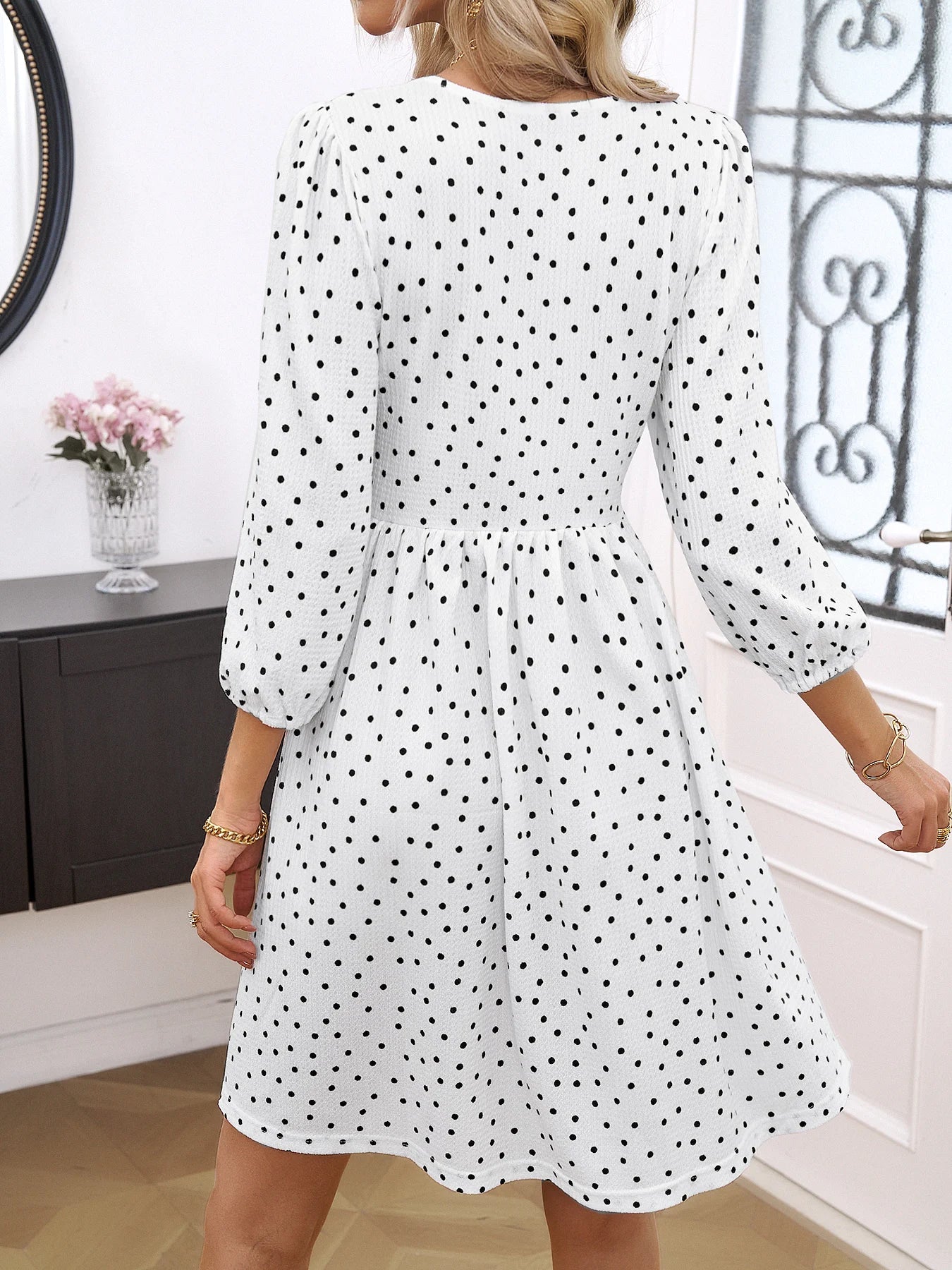 Women Summer Beach Chiffon Casual Long Sleeve Polka Dot Midi Dresses