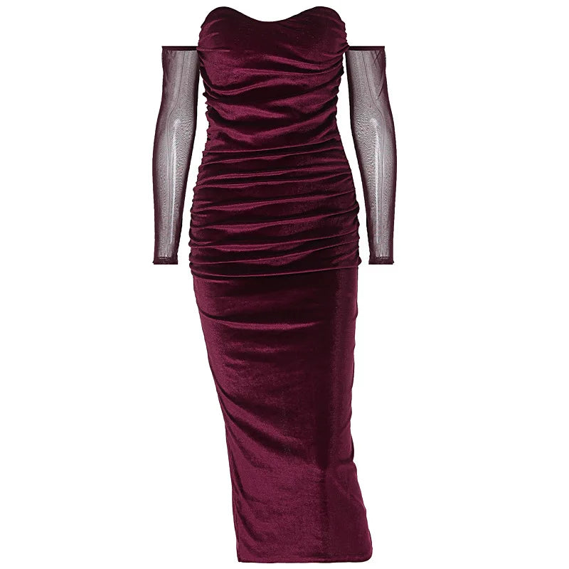 Bodycon Offtheshoulder Velvet Mesh Elegant Y2K Midi Dresses