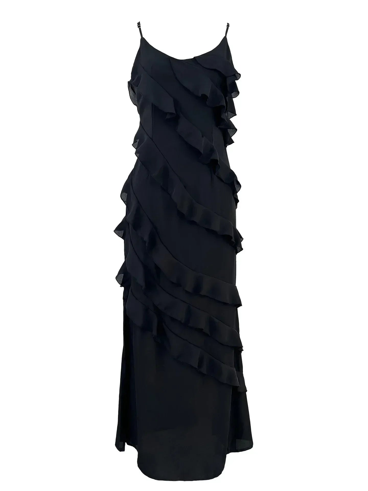 Elegant Ruffles Chiffon Backless Split Maxi Red Christmas Party Dress Black / S Dresses-L