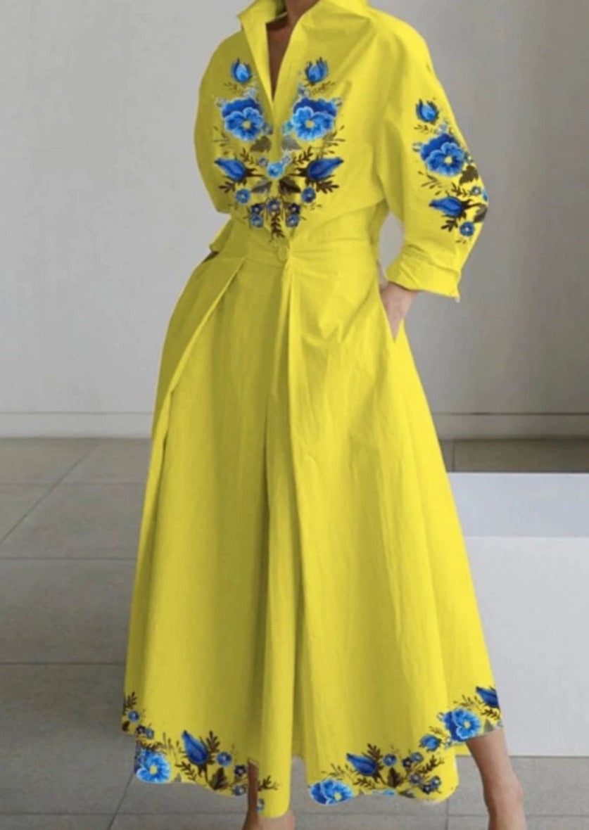 Colorful Printed Peter Pan Collar Pockets Cotton Dress Long Sleeve - Omychic