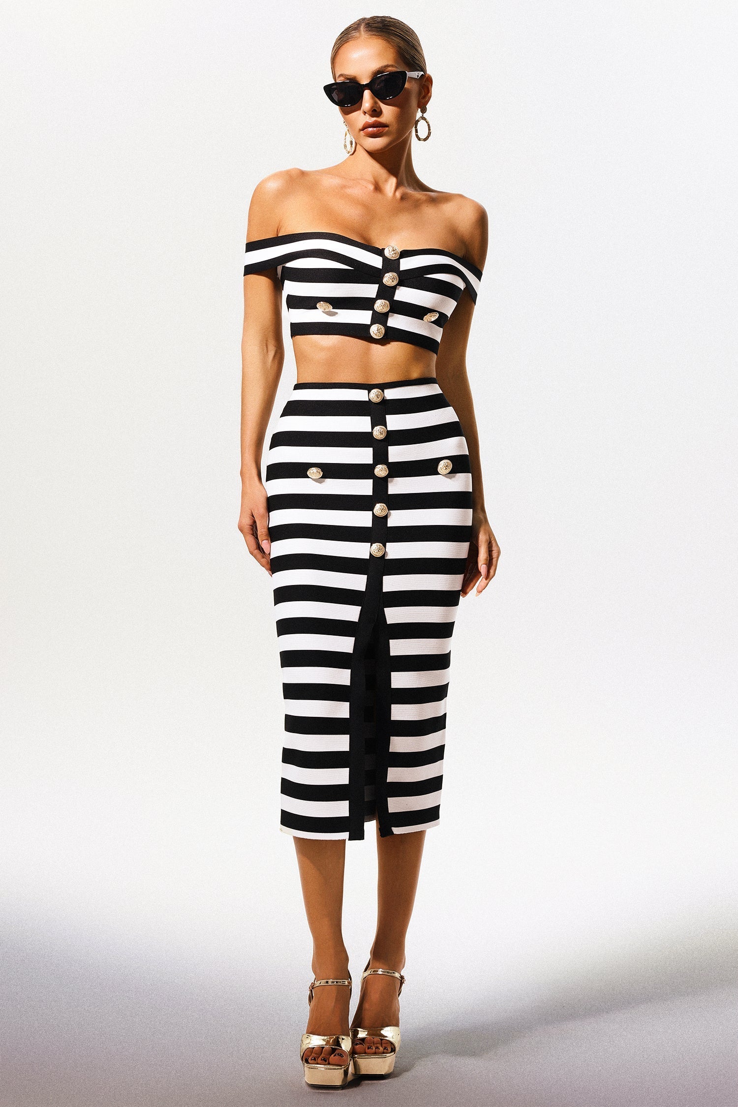 Off-the-Shoulder Hollow Out Slit Bandage Midi Two-Piece Set