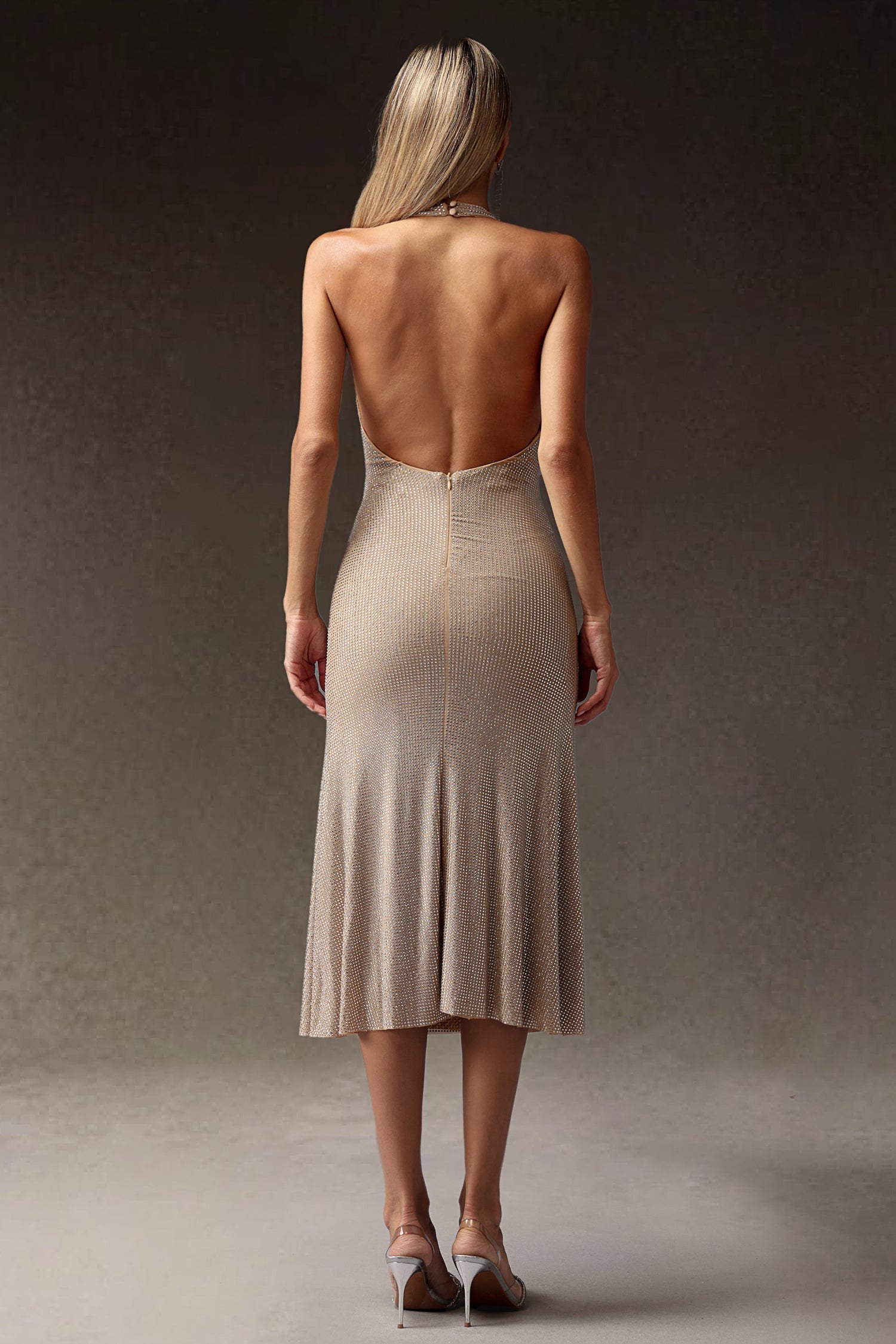 Deep-V Diamond Slim Backless Midi Dress