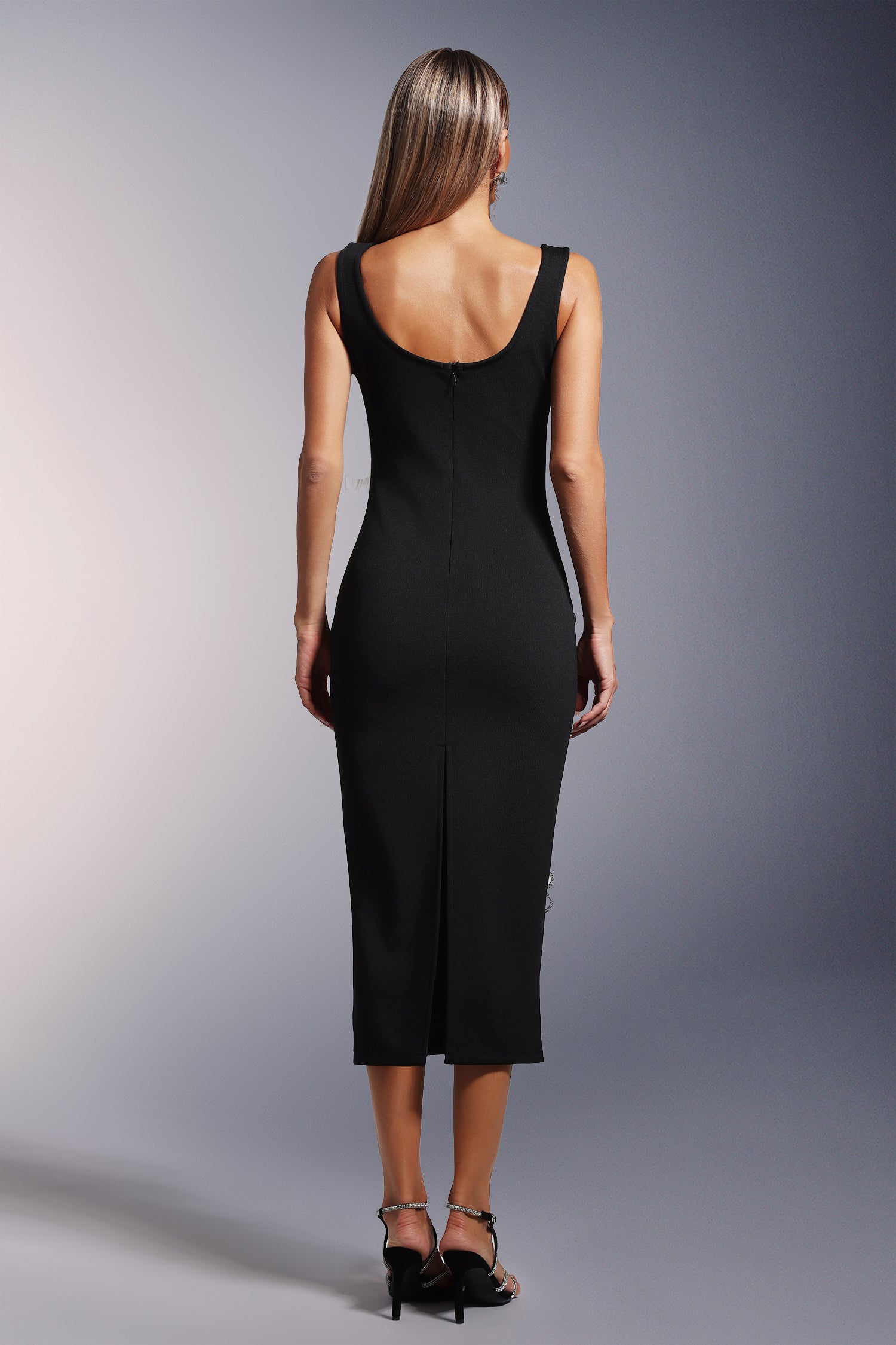 Sleeveless Diamond Flowers Bandage Midi Dress