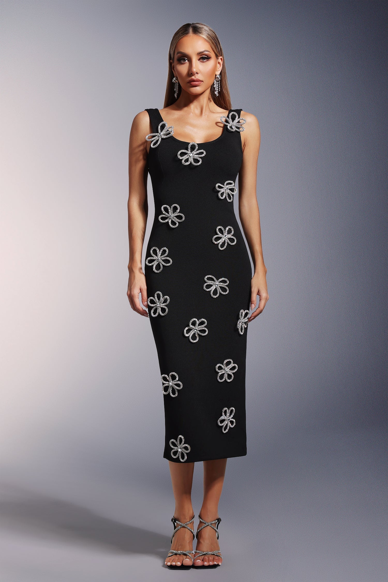 Sleeveless Diamond Flowers Bandage Midi Dress