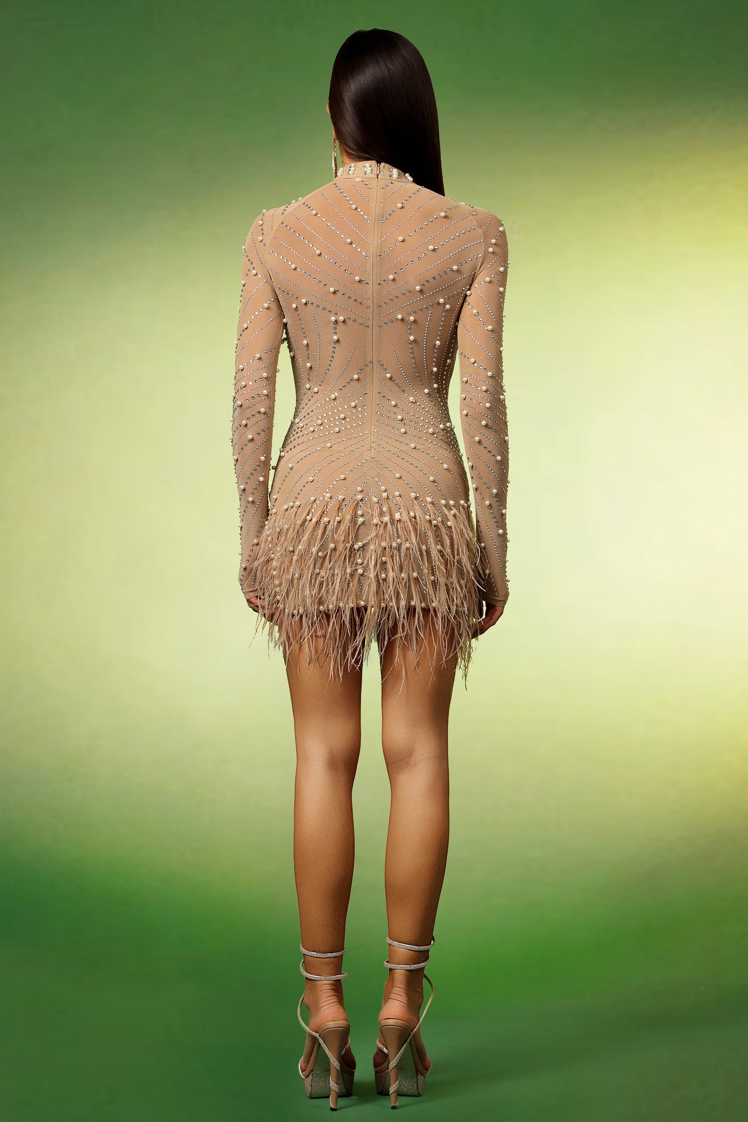 Long Sleeves Tassels Pearl Diamond Mini Dress