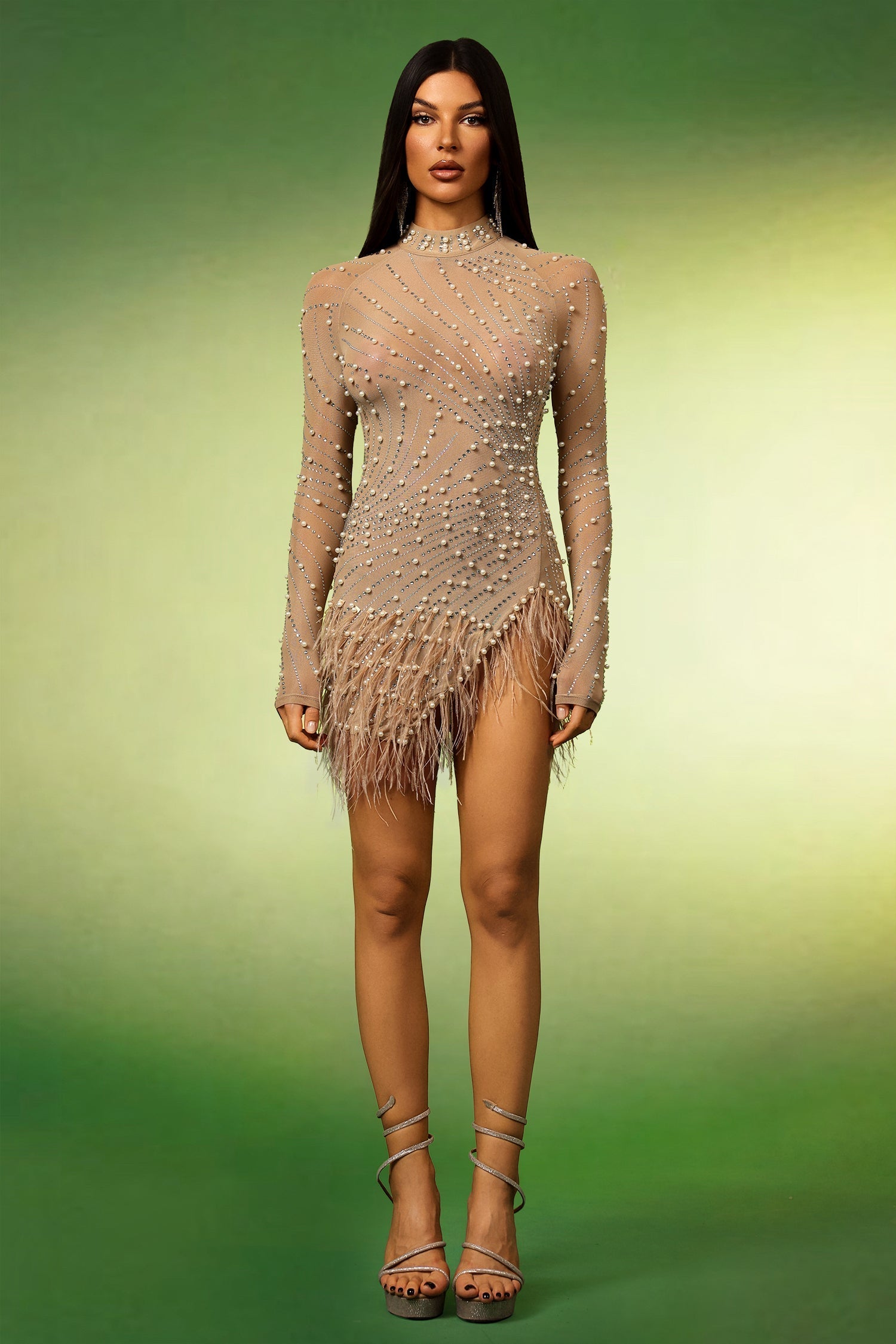 Long Sleeves Tassels Pearl Diamond Mini Dress