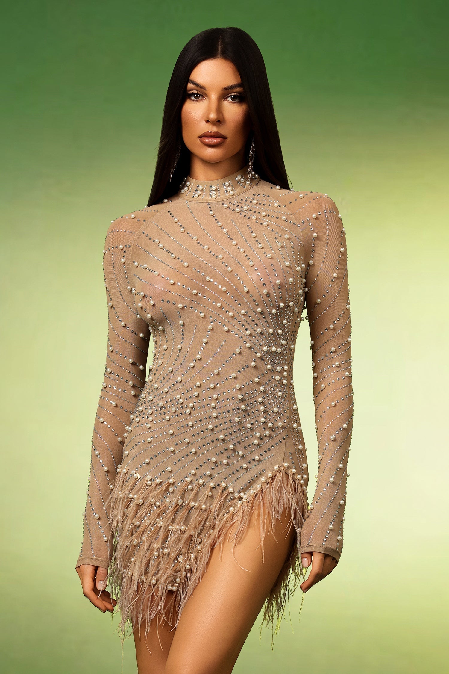 Long Sleeves Tassels Pearl Diamond Mini Dress