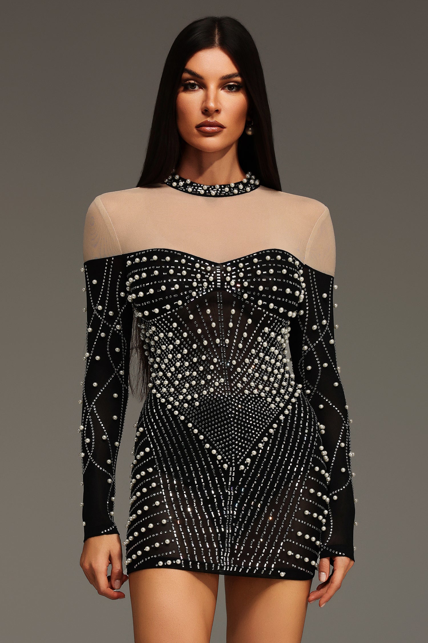 Long Sleeves Diamond Pearl Mini Dress