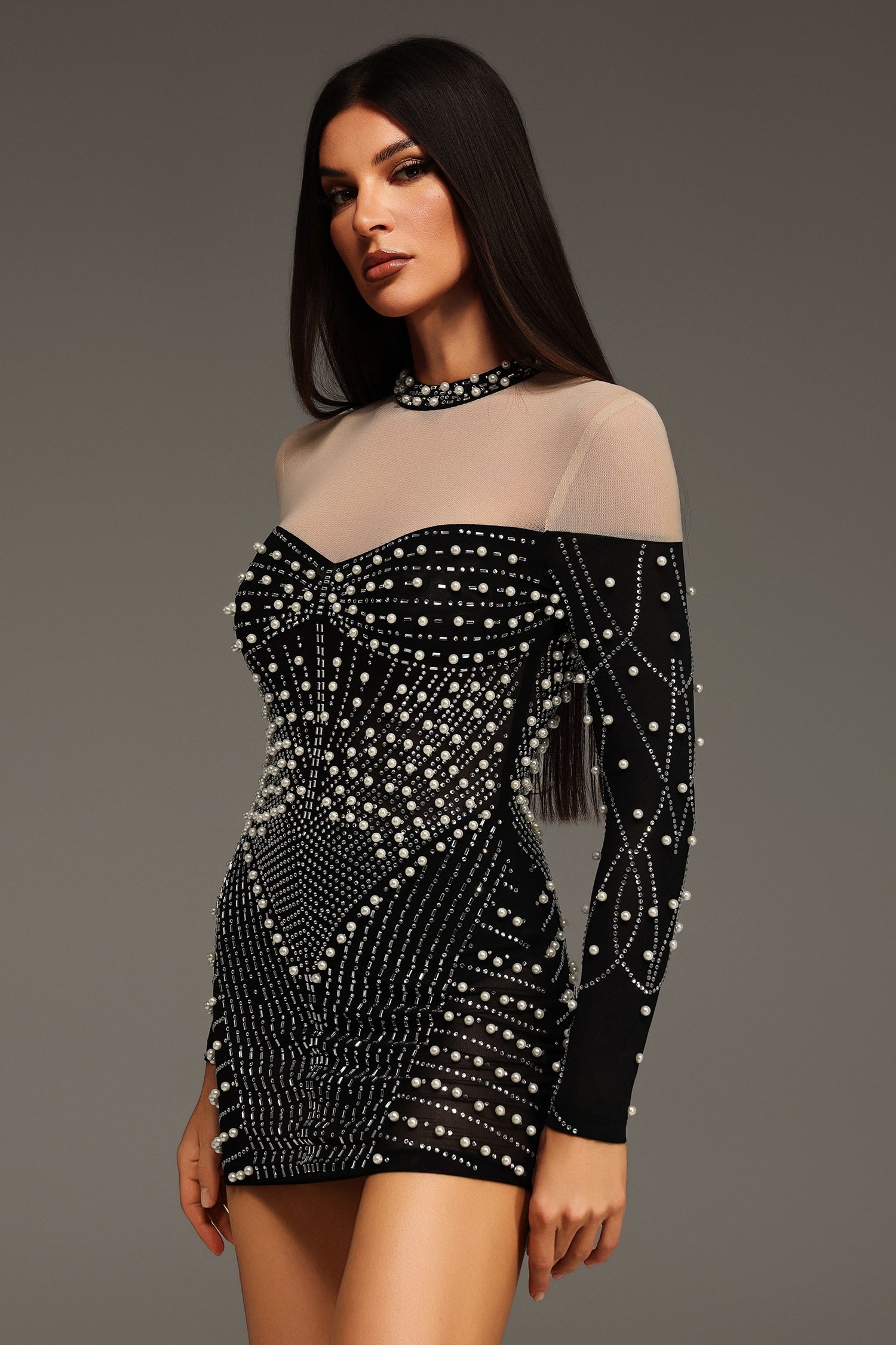 Long Sleeves Diamond Pearl Mini Dress