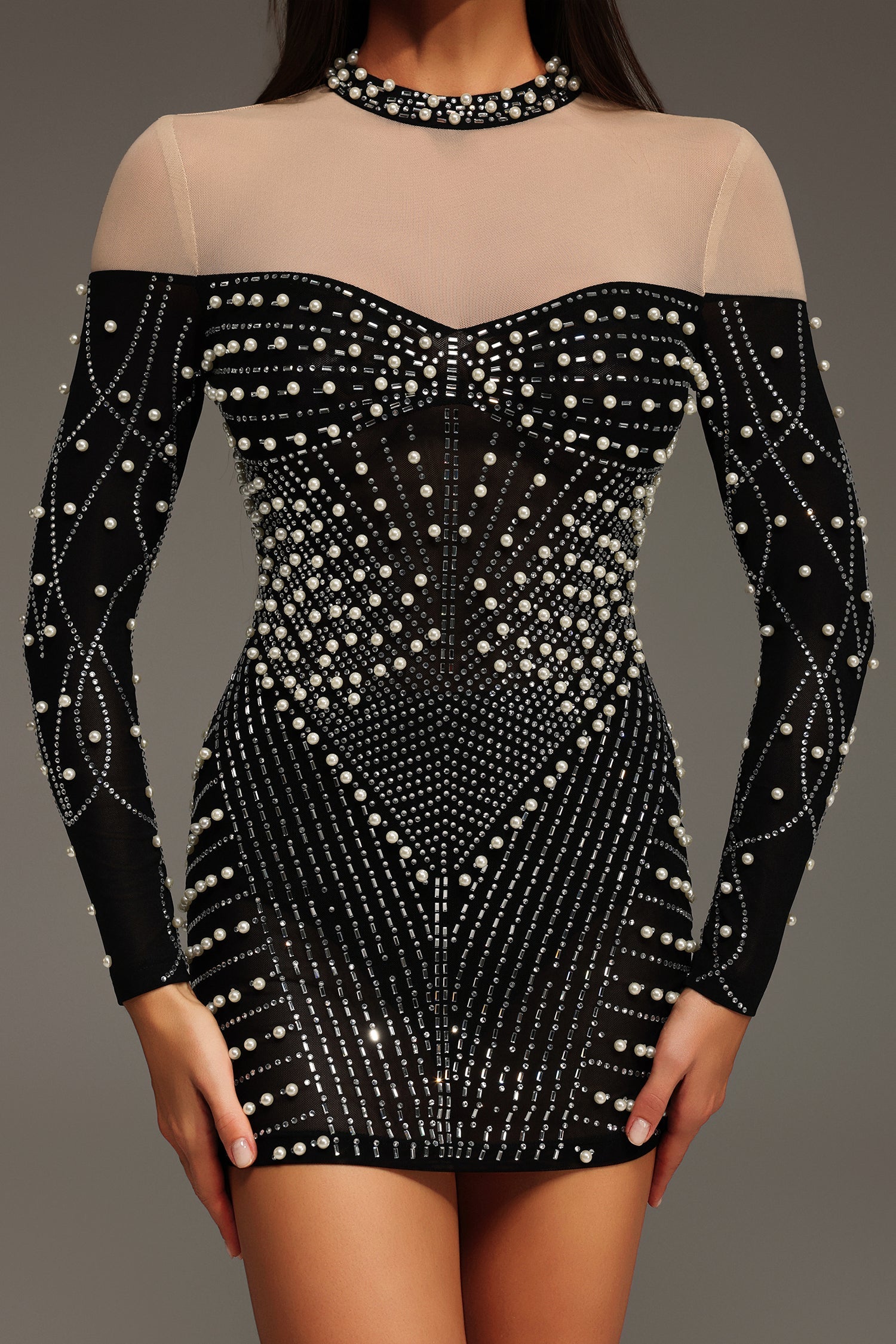 Long Sleeves Diamond Pearl Mini Dress