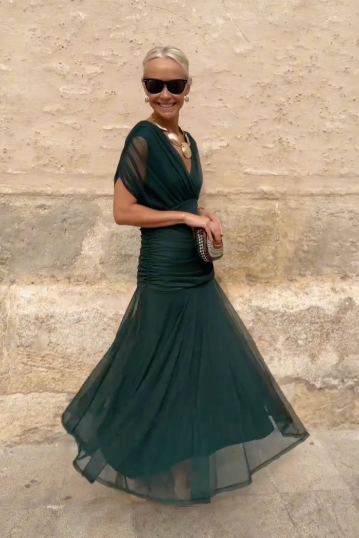 V-Neck Wrap Flutter Sleeve Chiffon Ruched Flowy Maxi Dress