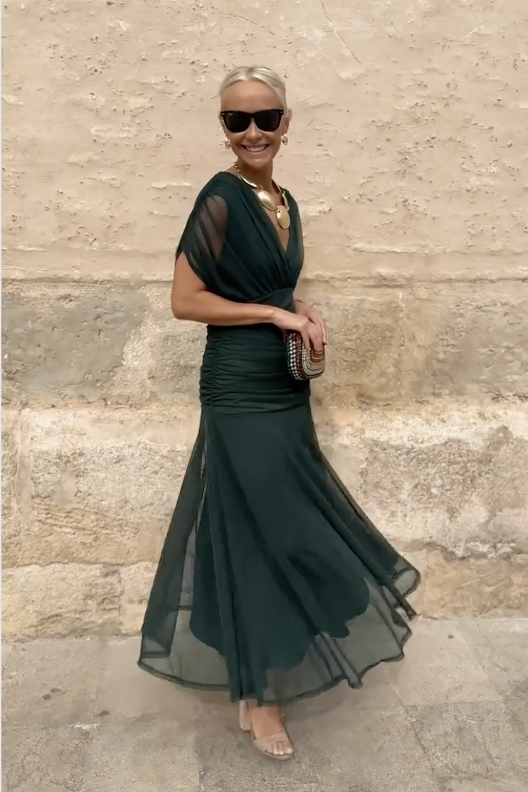 V-Neck Wrap Ruched Mesh Flutter Sleeve Flowing Maxi Dress