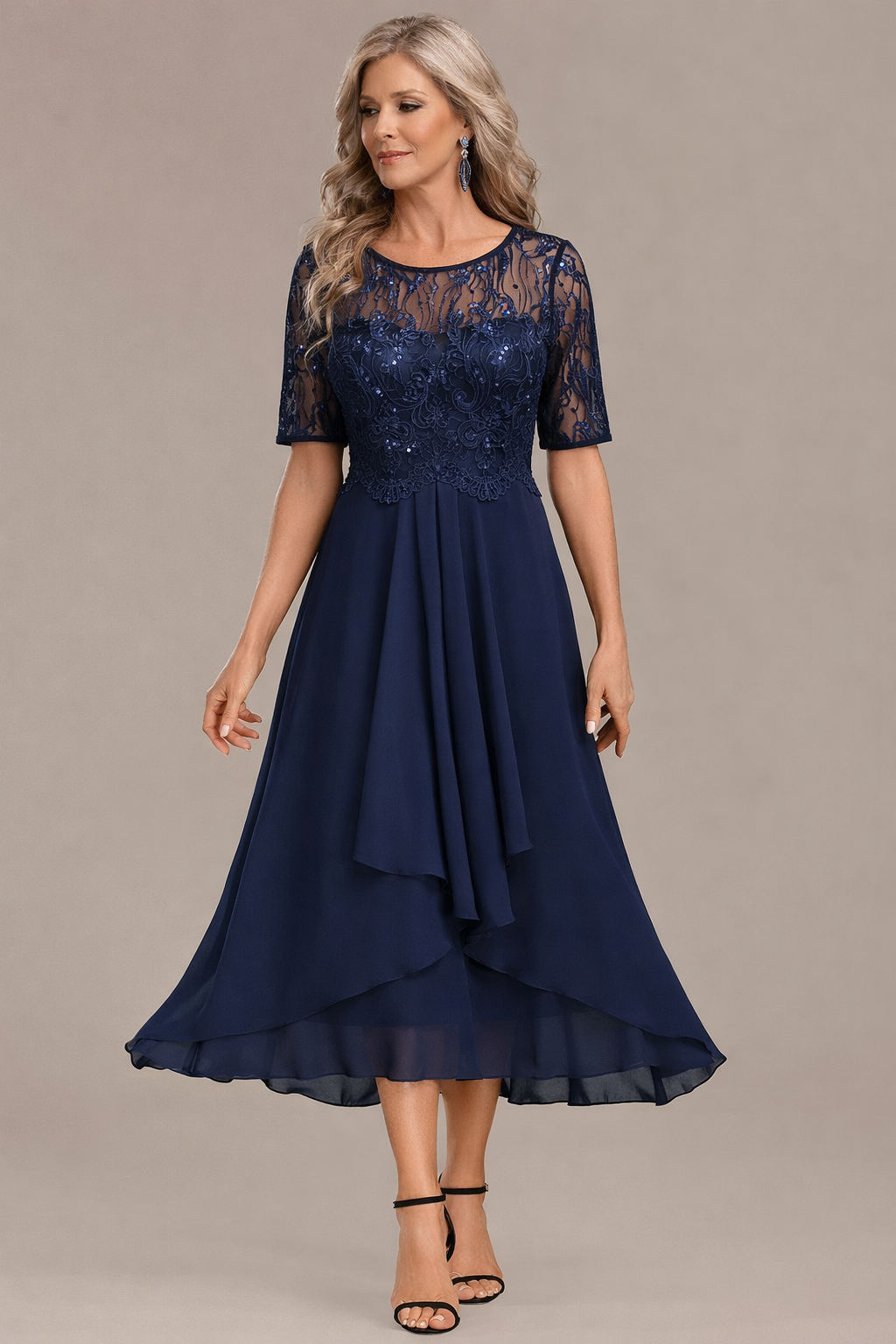 Round Neck Lace Sequin Illusion Sleeve Chiffon A-Line Midi Dress