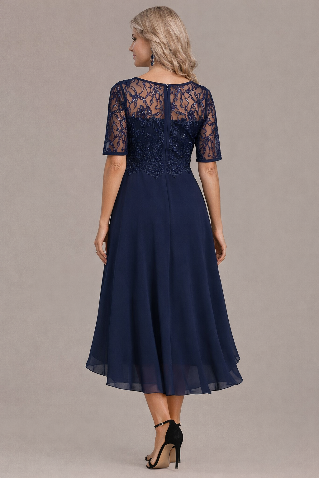 Round Neck Lace Sequin Illusion Sleeve Chiffon A-Line Midi Dress