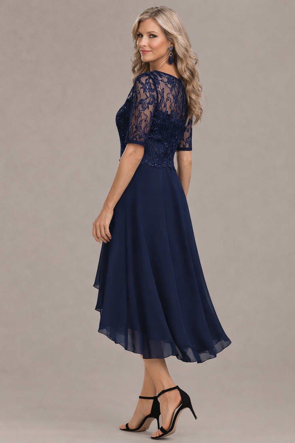 Round Neck Lace Sequin Illusion Sleeve Chiffon A-Line Midi Dress